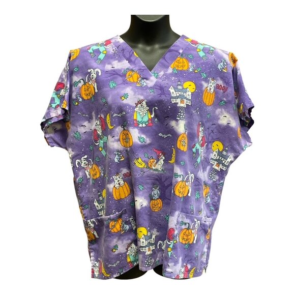 Vintage Simply Basic Size 2XL Purple Halloween Scrub Top Cats Haunted House Moon - Picture 1 of 4